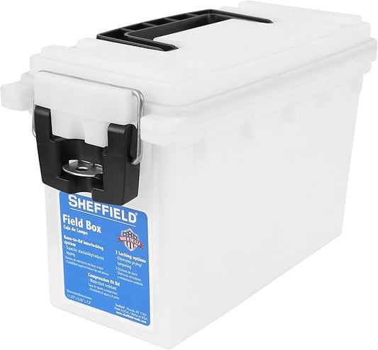 Sheffield 12635 Ammo Storage Box, Stackable .30 Cal Field Boxes, Water and Dust Resistant, Lockable Storage Box with Handle, Secures Hunting Gear, Supplies, and Bullets, Made in USA, Frost, 1-Pack