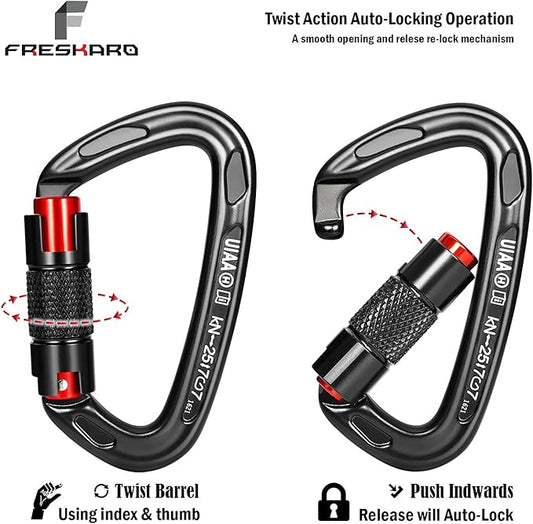 FresKaro UIAA Certified 25KN Auto Locking Climbing Carabiner Clips, Twist Lock, and Heavy Duty Carabiners for Rock Climbing, Rappelling, and Mountaineering, D Shaped 3.93 Inch, Large Size, Black