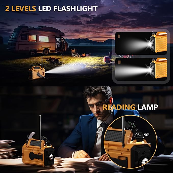 Emergency Weather Radio, 5 Ways Powered Crank Solar Radio, Portable AM/FM/SW/NOAA Weather Radio Battery Operated with Cellphone Charger, Camping Flashlight, Reading Lamp, SOS Alarm for Home Outdoor