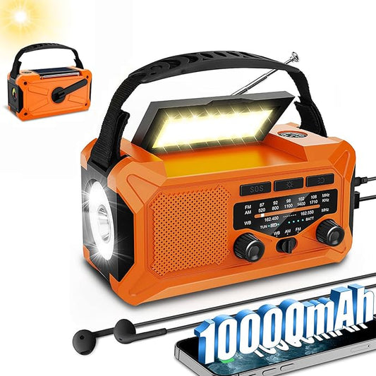 10000mAh Emergency Radio,Multi-Function AM/FM/NOAA Weather Radio,Hand Crank,USB Cable 3 Charging Methods,SOS Alarm,Flashlight,Phone Charger,Compass,Reading Lamp(Tangerine)