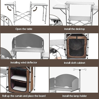 CampLand Folding Cooking Table Outdoor Portable Cook Station Aluminum Camping Kitchen with Storage Organizer, Windscreen, Hooks for BBQ, Party