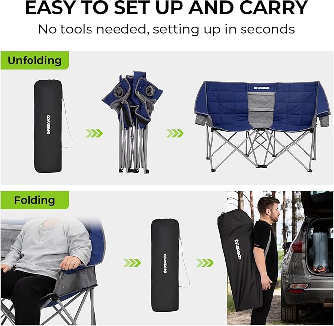 FUNDANGO Oversized Double Camping Chair, 2 Person Folding Padded Loveseat for Adults，660lbs Heavy Duty Chair with Arm Cup Holder for Outdoor Patio Lawn Camp with Carry Bag (Blue)