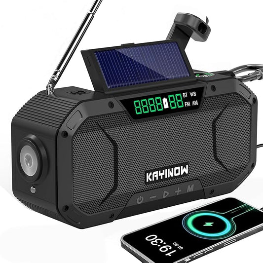 Solar Hand Crank Emergency Radio with Waterproof Bluetooth Speaker,Portable AM FM NOAA Weather Radio, Rechargeable 5000mAh Battery Power, Wind Up Flashlight Phone Charger, SOS,Survival Storm Hurricane
