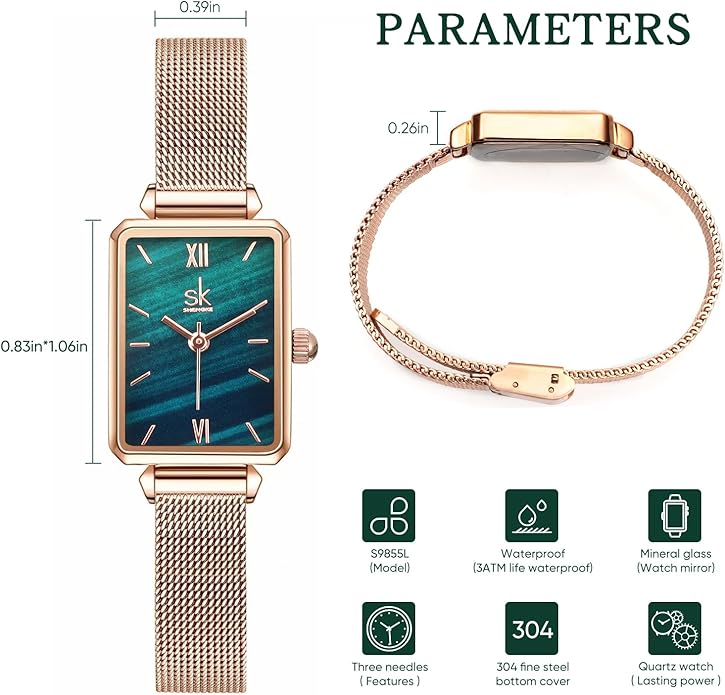 Dainty Women's Wrist Watch: Green Malachite Dial,Beautiful Bracelet, Wrapped by Stylish Gift Box, Elegant Present for Ladies and Loved Ones Anniversary, Birthday, or Holidays Like Christmas.