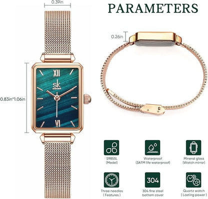 Dainty Women's Wrist Watch: Green Malachite Dial,Beautiful Bracelet, Wrapped by Stylish Gift Box, Elegant Present for Ladies and Loved Ones Anniversary, Birthday, or Holidays Like Christmas.