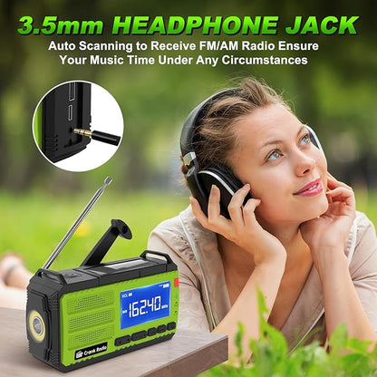 Emergency Weather Radio, Solar Hand Crank Radio AM/FM NOAA 37000mWh, Weather Alert Radio with 3 Mode Flashlight, Reading Lamp, SOS Alarm, Compass, Headphone Jack for Home Camping Emergency (Green)