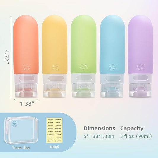 3oz Travel Bottles for Toiletries,Silicone Leak Proof Squeezable Travel Containers,TSA Approved Travel Essentials Bag for Shampoo Conditioner,5 Pack,White Pack