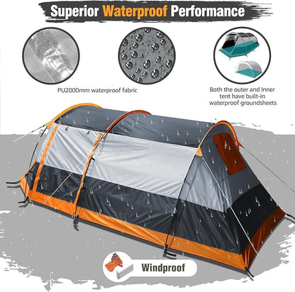 Chihee Camping Tents Tunnel Tent 4 Person Family Tents with 2 Doors Extra Weatherproof Outdoor Shelter 4 Seasons Tents with Double Waterproof Groundsheets Screened Room Porch Carry Bag for Travelling