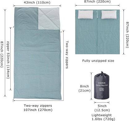 100% Cotton Sleeping Bag Liner with Full Length Zipper on 3 Sides; Single/Double Adult Sleep Sack for Travel & Camping, Multifunctional Travel Sheets (Unzipped 87”x87”) for Hotel, Lightweight
