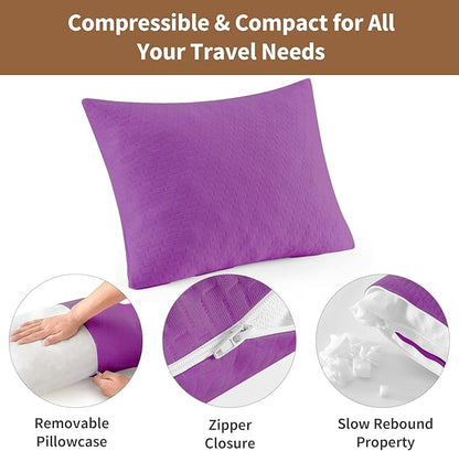 Small Shredded Memory Foam Pillow, Camping Pillow Travel Pillow - Compressible Medium Firm, Breathable Cover, Ideal Backpacking Hiking, Airplane and Car (Purple, L)