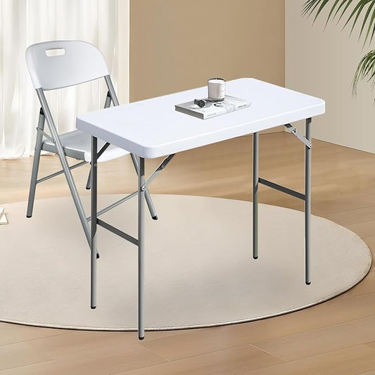Folding Table 2.7ft Rectangular All-Occasion Plastic Folding Event Table for Indoor and Outdoor, Portable Desk, Camping, Durable and Stable, HDPE and Steel, Wide Application, White