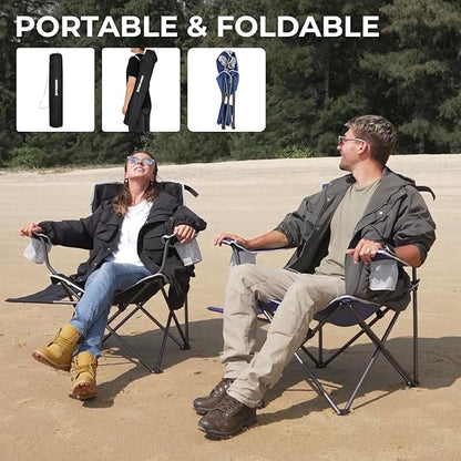 FUNDANGO Folding Camping Chair with Table, 2 Pack Portable Heavy Duty Outdoor Padded Chairs for Adults with Cup Holders for Lawn Beach Picnic Outside Travel (Blue)