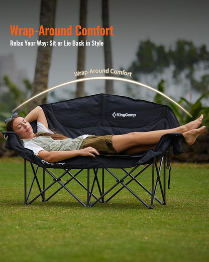 KingCamp Double Camping Chair, Oversized Heavy Duty Loveseat for Adults Portable Folding XL 2 Person Couch Padded Comfortable Two Seat with Cup Holder for Outdoor Lawn Backyard