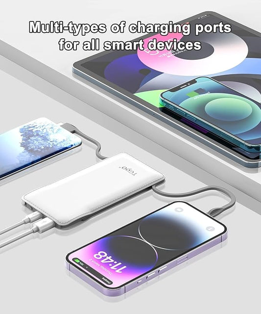 TG90° 2 Pack 10000mAh Slim Portable Charger with Built in Cables,Power Bank Travel Charger Cell Phone External Battery Pack,4 Output External Battery Pack Compatible with iPhone Android Phone