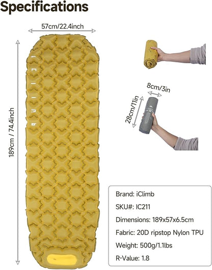 iClimb Ultralight Compact Sleeping Pad with Built-in Pump Inflatable Portable Air Mattress for Camping Backpacking Hiking (Yellow)