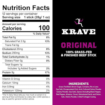 Krave, Beef Sticks (1 Ounce Sticks, Pack of 10) - 100% Grass Fed Beef, 100 Calories Per Stick, Good Source of Protein (10 Pack, Original)