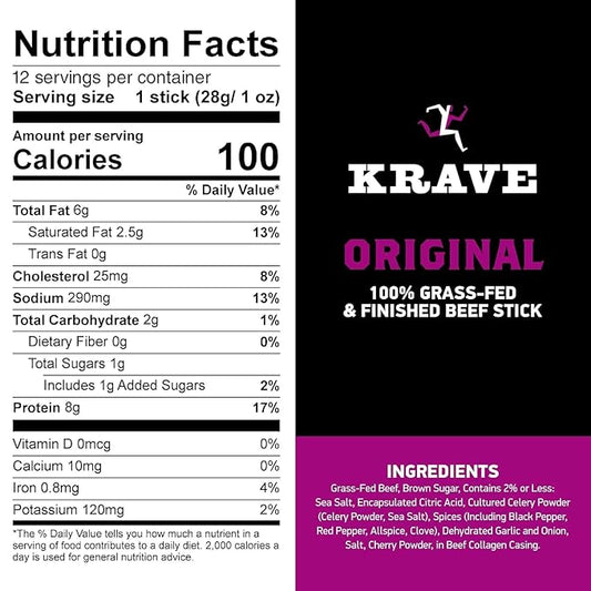 Krave, Beef Sticks (1 Ounce Sticks, Pack of 10) - 100% Grass Fed Beef, 100 Calories Per Stick, Good Source of Protein (10 Pack, Original)