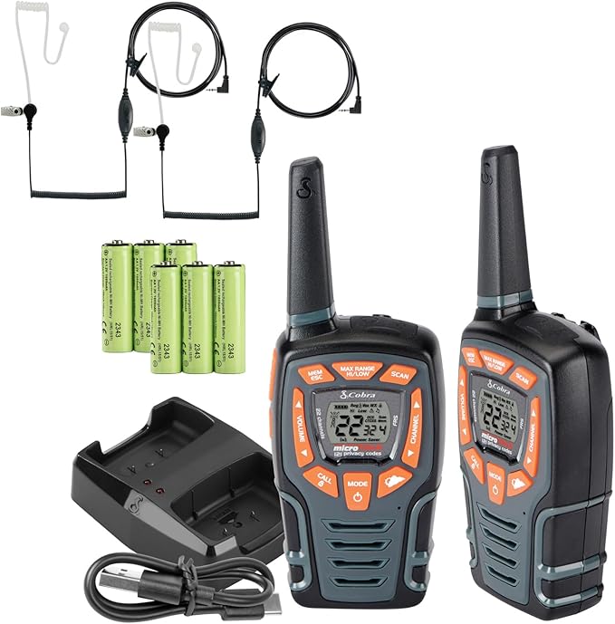 Cobra ACXT545 Weather Resistant Walkie Talkies for Adults with Compatible Cobra Surveillance Headset Microphone: Rechargeable, 22 Channels, Long Range, 2 Two-Way Radio’s, 2 Headsets, Black/Orange