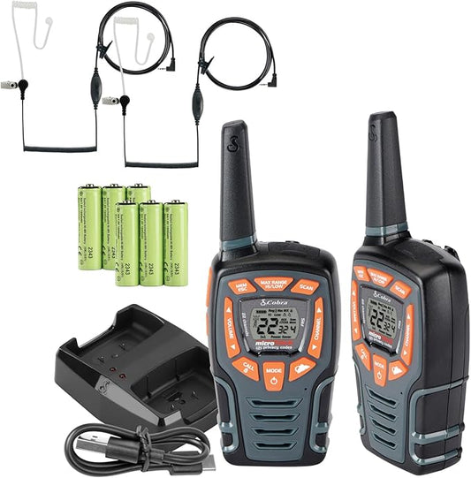 Cobra ACXT545 Weather Resistant Walkie Talkies for Adults with Compatible Cobra Surveillance Headset Microphone: Rechargeable, 22 Channels, Long Range, 2 Two-Way Radio’s, 2 Headsets, Black/Orange