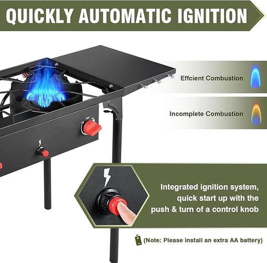 Bestfire 2 burner Camping Stove with Auto Ignition Button,Side Shelves & Regulator150,000 BTU Gas Stove Propane Burner With Removable Legs for Outdoor BBQ&Backyard Cooking Camping Home