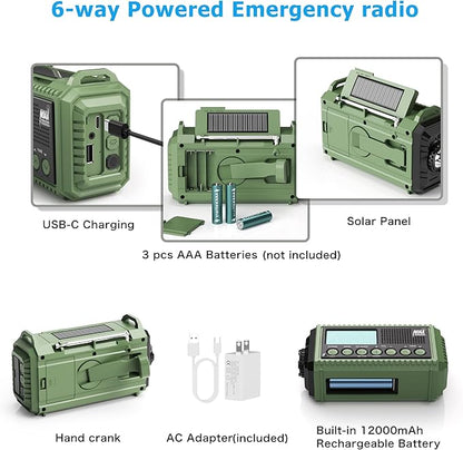 Emergency Radio 12000mAh Auto NOAA Weather Alert -Portable Solar Hand Crank Battery Operated AM/FM Shortwave Radio with Type-c Charger,Flashlight, SOS for Home Outdoor Hurricane Survival