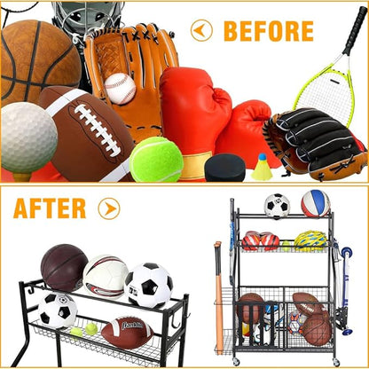 Snail Garage Sports Equipment Storage Organizer Sports Ball Storage Rolling Cart with Basket and Hooks Lockable Sports Ball Cage Storage Rack for Garages, Playgroup, Gym and Schools, Black