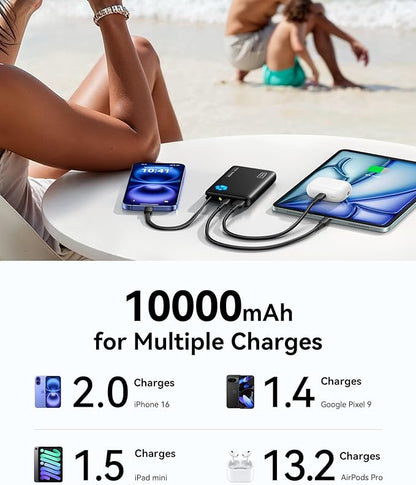 INIU 45W Portable Charger, 10000mAh Built-in USB C Cable Fast Charging Power Bank, Small Type C Battery Pack, Powerbank for iPhone 17 16 15 14, iPad, Samsung S25 S24 etc. Travel Camping Essentials