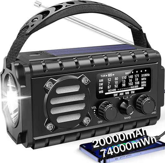 20000mah Emergency Radio, SW/NOAA/AM/FM Weather Radio, Solar Powered Hand Crank Chager with Bige Batery Powered,Portable,Cellphone Charge,SOS,Flashlight for Emergency/Home (Black)
