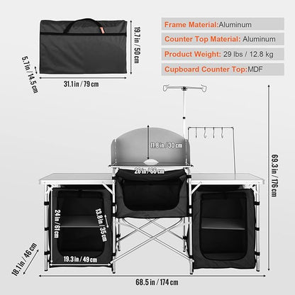 VBENLEM Camping Kitchen Table, Aluminum Portable Folding Camp Cook Table with Windshield, 3 Cupboard, Storage Organizer, Quick Installation for Outdoor Picnic Beach Party Cooking, Black