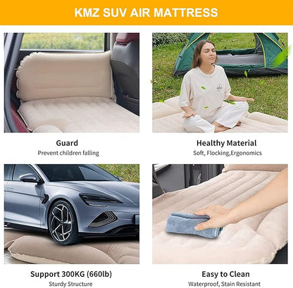 KMZ SUV Air Mattress Thickened and Double-Sided Flocking Travel Camping Bed with 2 Pillows & Electric Pump Dedicated Mobile Cushion Inflatable Bed for SUV Trunk and Rear Seat (Beige and Coffee)