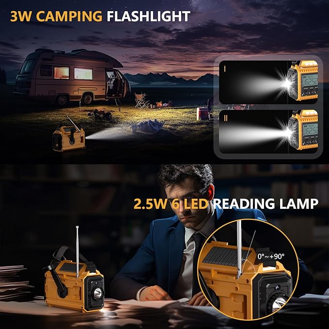 Emergency Radio12000mAh, Weather Radio 6 Ways Powered, Solar Hand Crank Radio Flashlight Cell Phone Charger, AUTO NOAA AM/FM/SW Portable Radio Rechargeable, Reading Lamp, SOS Alarm for Emergencies