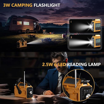 Emergency Radio12000mAh, Weather Radio 6 Ways Powered, Solar Hand Crank Radio Flashlight Cell Phone Charger, AUTO NOAA AM/FM/SW Portable Radio Rechargeable, Reading Lamp, SOS Alarm for Emergencies