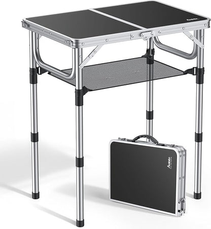 Folding Camping Table, Aluminum 24" x 16" Adjustable Height Small Folding Table with Carrying Handle, Lightweight, Portable Camping Table Waterproof for Outdoor Indoor Picnic Beach BBQ (Black)