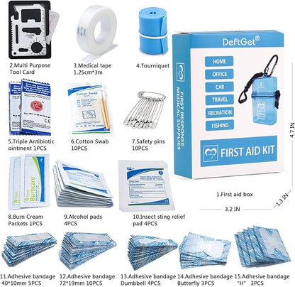 DEFTGET Waterproof First Aid Kit Travel Essentials HSA/FSA Eligible Small Emergency Survival Kits Mini Durable Lightweight for Minor Injuries Camping Hiking Backpacking (Aqua-Blue)