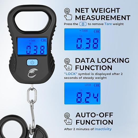 Calamus Lightweight Fish Scale, Rechargeable Digital Scale with USB Cable, 55lb Capacity, Multi-Units Pound/Ounces & Kilograms, High Accuracy, Backlight LCD Display, Fishing Gifts for Men