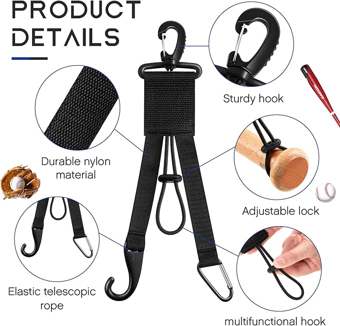 Deekin 4 Pcs Baseball Softball Gear Hanger 3 in 1 Dugout Organizer Baseball Bat Holder with Glove Clip and Helmet Hook for Softball Fence Bag Water Bottle Hiking Camping