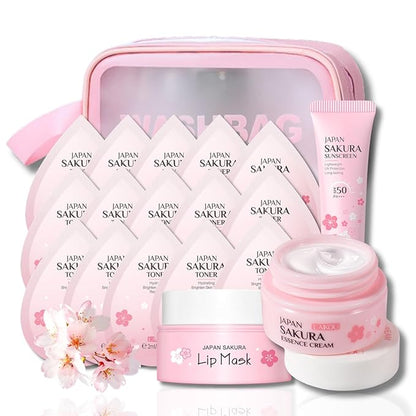 Skincare Set Sakura Easter Gifts for Teens - Skin Care Set Hydrating for Dry Skin - Facial Kit For Women - Skincare Kit With Cleanser,Toner,Lotion,Serum,Lip Mask,Sunscreen,Cream and Makeup Bag(19pcs)