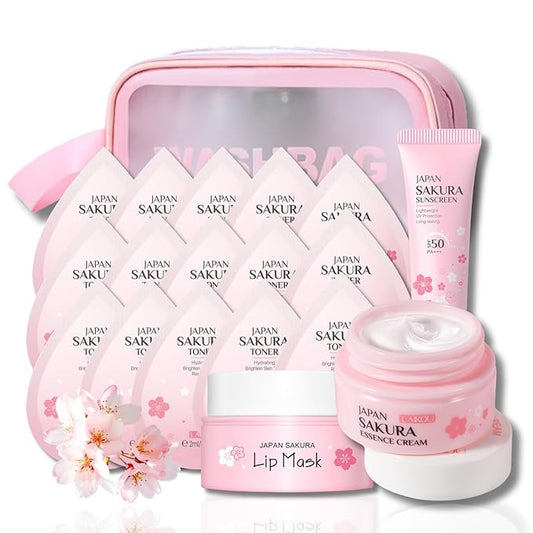 Skincare Set Sakura Easter Gifts for Teens - Skin Care Set Hydrating for Dry Skin - Facial Kit For Women - Skincare Kit With Cleanser,Toner,Lotion,Serum,Lip Mask,Sunscreen,Cream and Makeup Bag(19pcs)