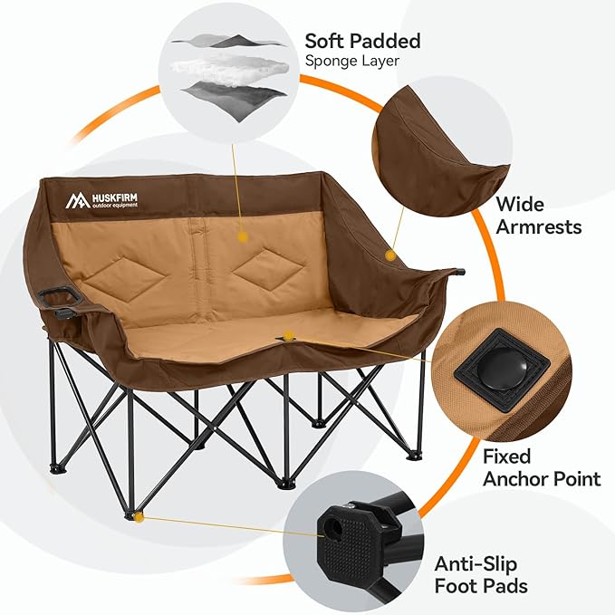 Double Camping Chairs for Adults Oversized Loveseat - 2 Person Camping Chair Heavy Duty Outdoor Camping Couch with Cup Holders - Portable Folding Chair for Outside Lawn, Brown