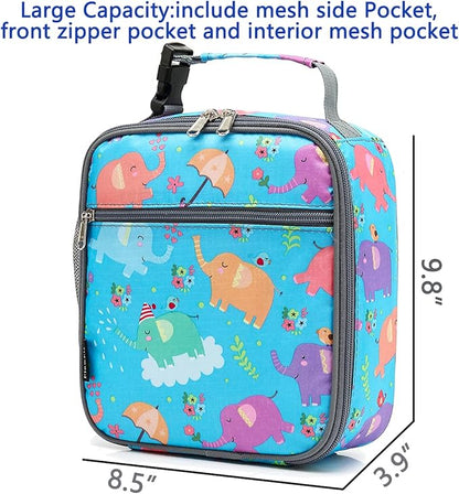 FlowFly Kids Lunch box Insulated Soft Bag Mini Cooler Back to School Thermal Meal Tote Kit for Girls, Boys, Elephant