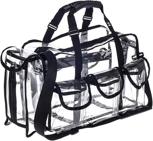 Professional Clear PVC Makeup Kits Organizer Make up Set Bag MUA Carry All Artist Transparent Vinyl Travel Cosmetic Bag with 6 External Pockets & Tissue Holder