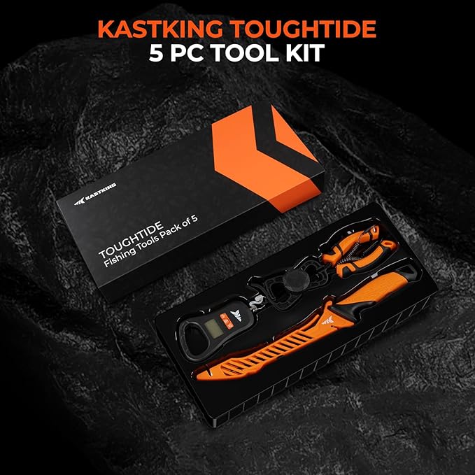 KastKing ToughTide Fishing Tool Kit, Rechargeable Digital Fish Scale with Lip Grip & Tape Measure, 7” Fillet Knife with Sheath & Sharpener, 8” Split Ring Fishing Pliers