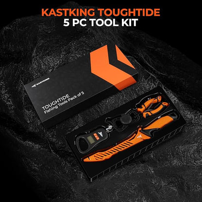 KastKing ToughTide Fishing Tool Kit, Rechargeable Digital Fish Scale with Lip Grip & Tape Measure, 7” Fillet Knife with Sheath & Sharpener, 8” Split Ring Fishing Pliers