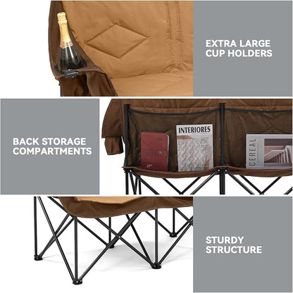 Double Camping Chairs for Adults Oversized Loveseat - 2 Person Camping Chair Heavy Duty Outdoor Camping Couch with Cup Holders - Portable Folding Chair for Outside Lawn, Brown