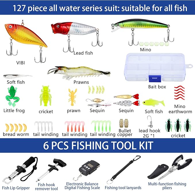 Sosation 482 Pcs Fishing Gear Equipment Kit, Backpack and Tackle Box with Tackle Included, Lures, Hooks, Sinkers Tools Accessories Kit Fishing Gifts for Men