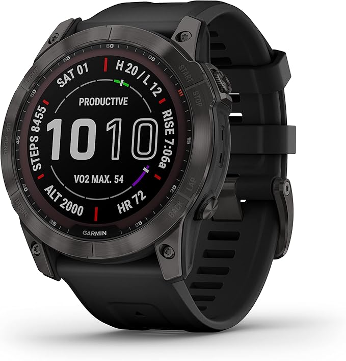 Garmin Fenix 7X Sapphire Solar, Larger Adventure smartwatch, with Solar Charging Capabilities, Rugged Outdoor Watch with GPS, Touchscreen, Wellness Features, Carbon Gray DLC Titanium with Black Band