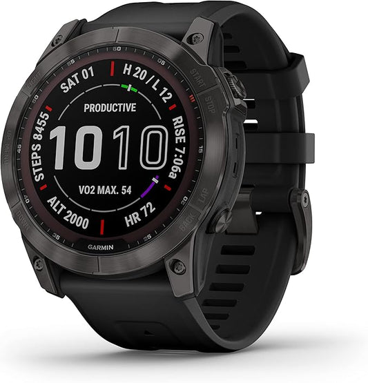 Garmin Fenix 7X Sapphire Solar, Larger Adventure smartwatch, with Solar Charging Capabilities, Rugged Outdoor Watch with GPS, Touchscreen, Wellness Features, Carbon Gray DLC Titanium with Black Band