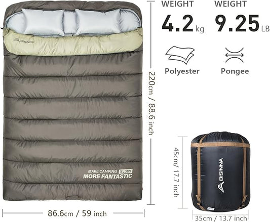BISINNA Double Sleepinag Bag for Adults Two Person Queen Size Camping Sleeping Bag for All Season Backpacking Hiking Cold Weather with Compression Sack