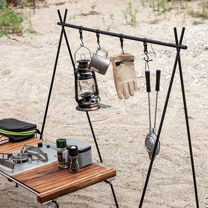 Foldable Tripod Camping Hanging Rack - 4 Hooks Outdoor Cookware Storage Portable, Outdoor Camping Folding Rack (Large)