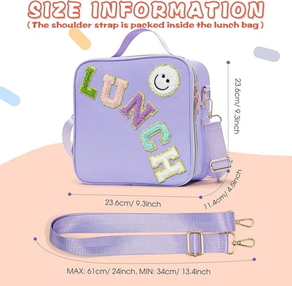 Insulated Lunch Bag Women Lunch Box Kids for Teen Girls Boys, Cute Preppy Lunch Boxes With Adjustable Shoulder Strap, Waterproof Nylon Lunchbox Lunch Bags for School Work Picnic (Purple)